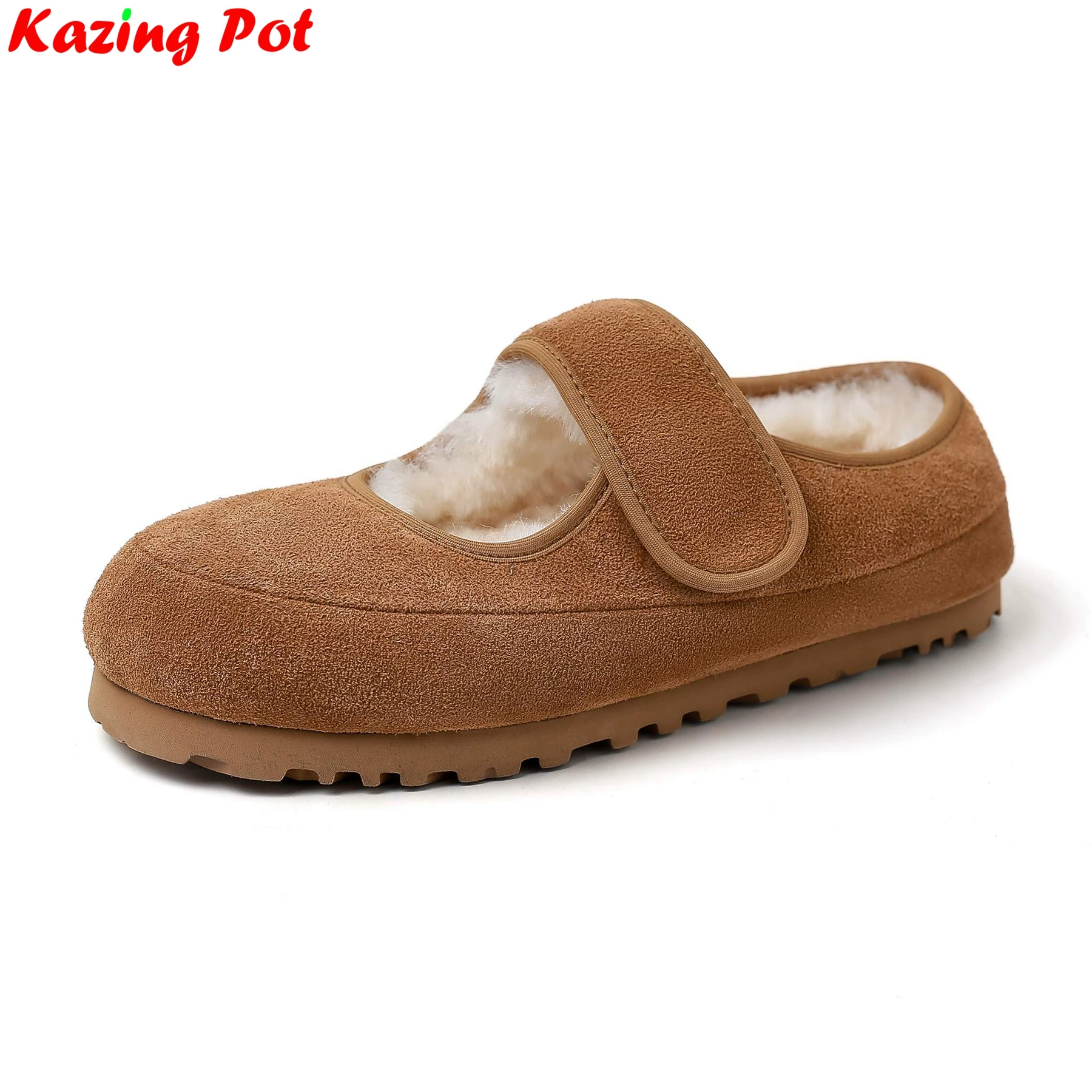 

Plus Size 34-42 Cold-resistant Cow Suede Round Toe Casual Spring Winter Shoes Retro Mary Janes Fur Office Lady Brand Women Flats