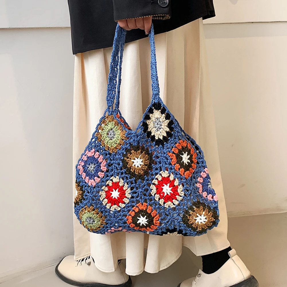 Bolso de mano de ganchillo Floral para mujer, bolso de punto de gran capacidad, hecho a mano, Vintage, Multicolor, ahuecado