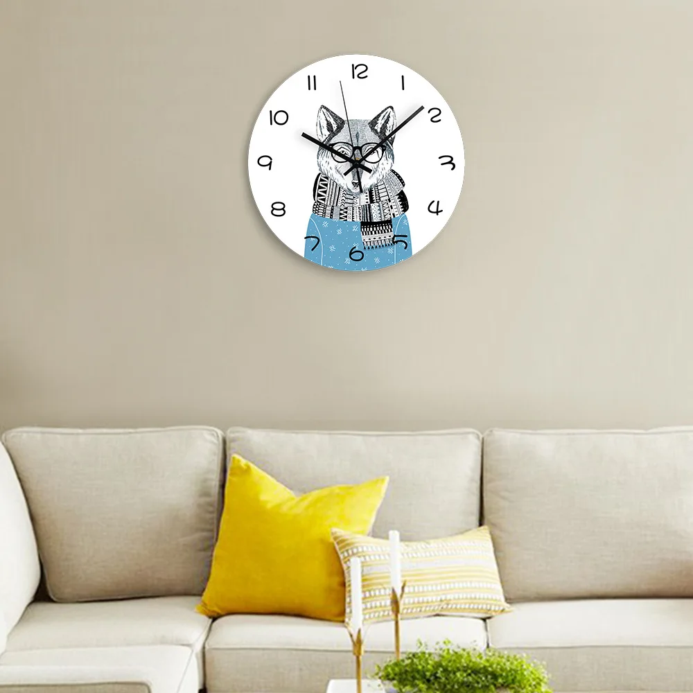 Mr Wolf with Scarf Animal Cartoon Modern Minimalist Creative DIY Wall Clock Silent Decor