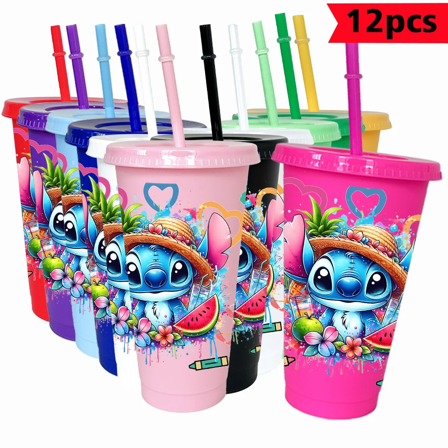 

12 шт./упак. Disney Stitch Fruit 26 унций цветной пластиковый стакан для дня рождения, питьевая посуда, кружка для сока, кофе