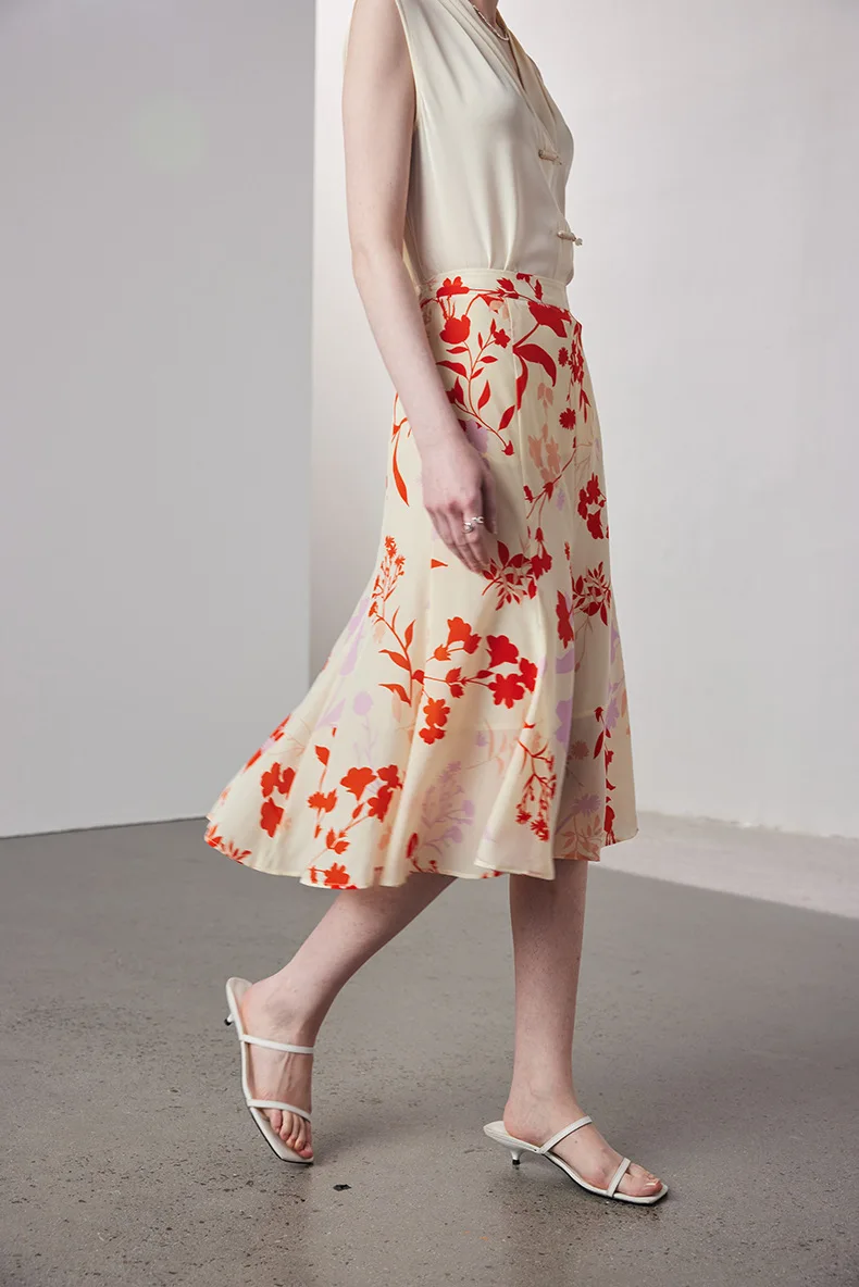 BirdTree-レディース 14 ミリメートル 100% リアルシルクエレガントなスカート、ナチュラルウエスト花柄、レトロパーティートランペットスカート、2025 夏新 B56663CC