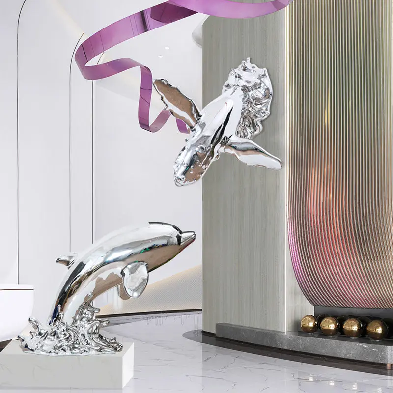 Factory Direct 2026 Fiberglass Creative Whale Dolphin Abstract Art Ornament Hotel Lobby Sales Office Floor-to-ceiling wall decor