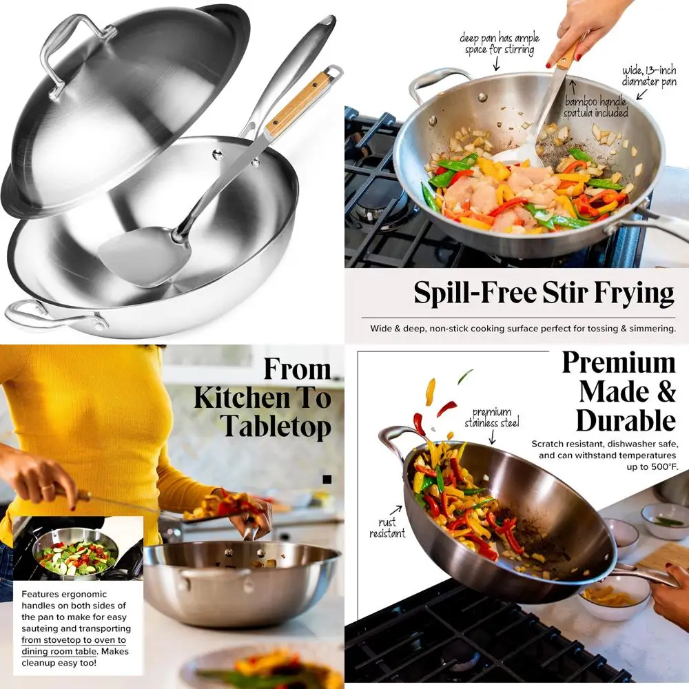 

Сковорода-вок из нержавеющей стали от Willow & Everett, профессиональная посуда для жарки с купольной крышкой и лопаткой, низкое обслуживание