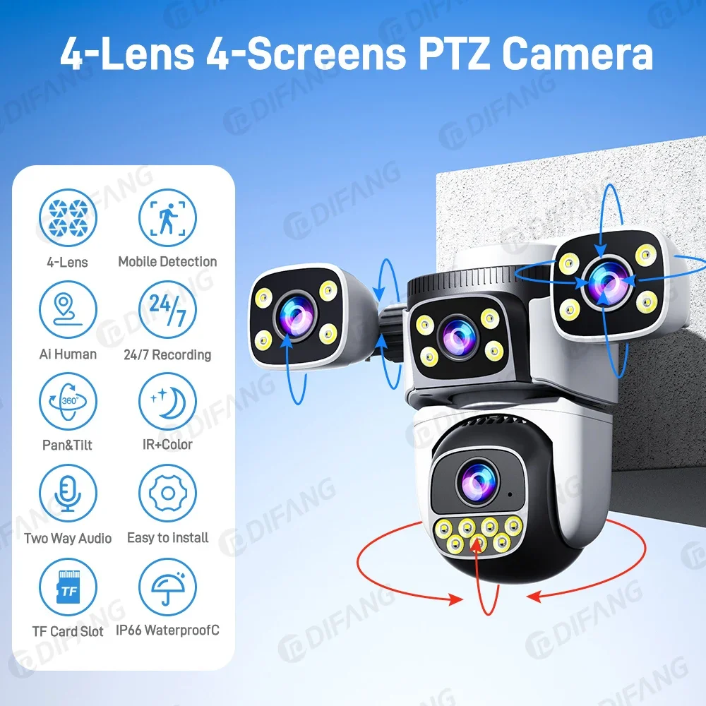 DIFANG 20MP 4 Screens WiFi Camera Outdoor Quad Lens Security Camera Waterproof  IP Camera 10K Four Screens Video Surveillance