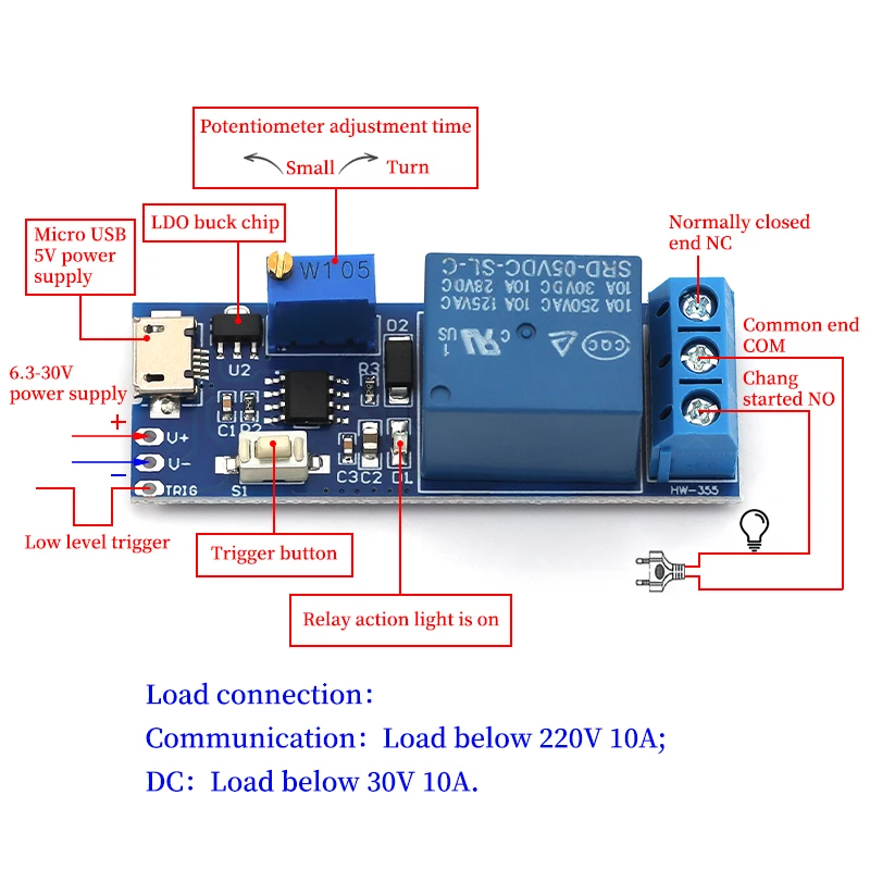 Smart Electronics 5V-30V Micro USB Power Regulowany przekaźnik opóźniający Moduł sterujący wyzwalaczem Przełącznik opóźnienia — zdjęcie 6