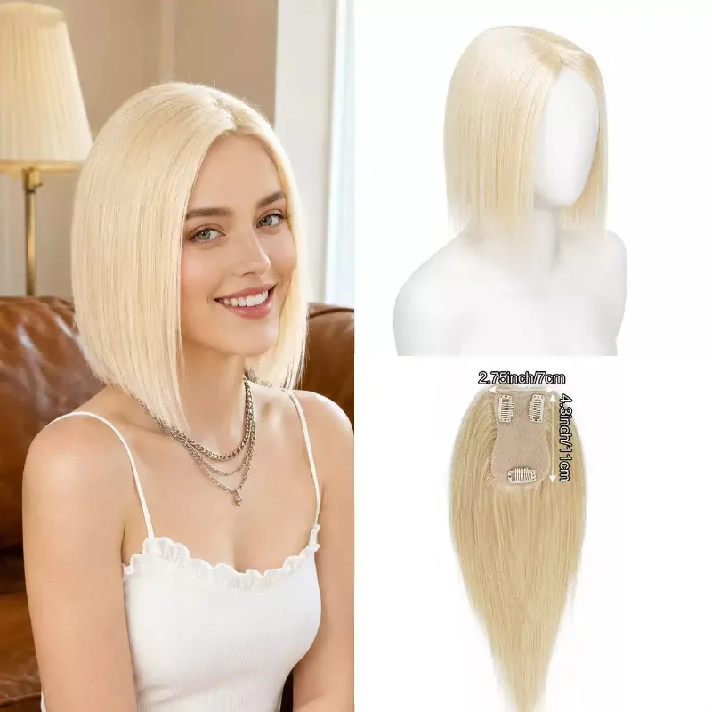 Hand Tied Human Hair Topper with Side Bangs Platinum Blonde 7×11cm Lace Base Clip in Crown Hairpiece Women 10 14 Inch