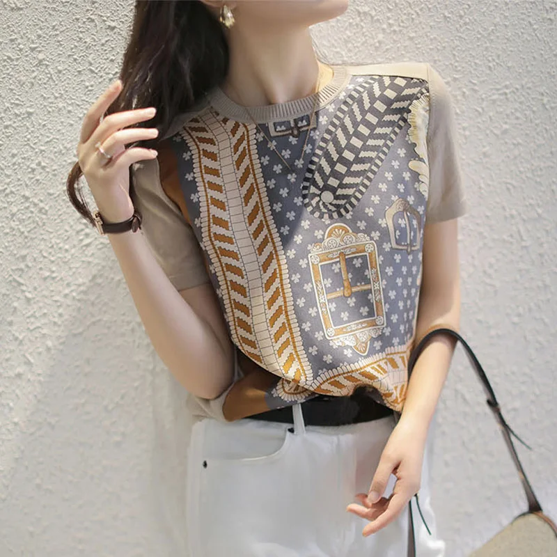 

Casual Knitted ort Sve round Ne Base irt Women's Faion Print Loose Top Summer Autumn New Sle Ele Fem Top