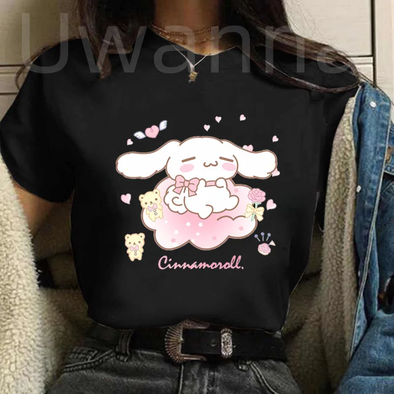 

Woman Cinnamoroll Printed T Shirt Anime Kawaii Cute Graphic Tshirt Female Black T-shirt Cartoon Summer Clothes Women Tops