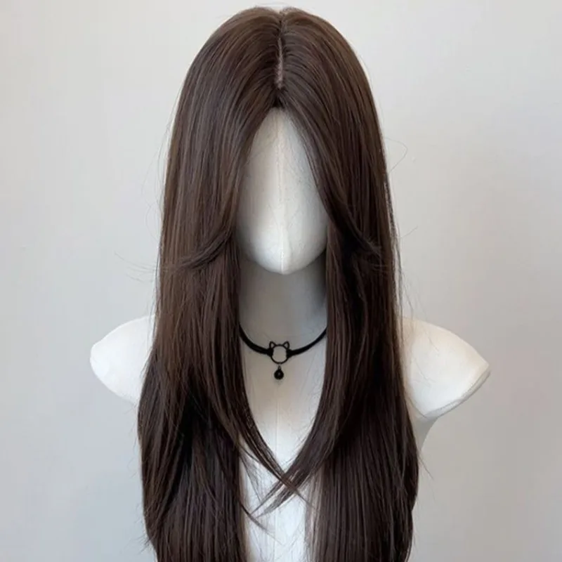 Long Silky Straight Synthetic Wigs with Bangs Flax Brown Cosplay Party Lolita Hair Wigs for Women Natural Heat Resistant Wig