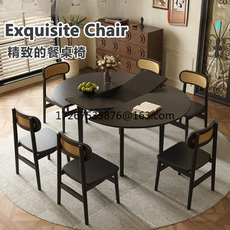 

Retractable dining table full solid wood retro black oval folding variable round dining table small apartment household