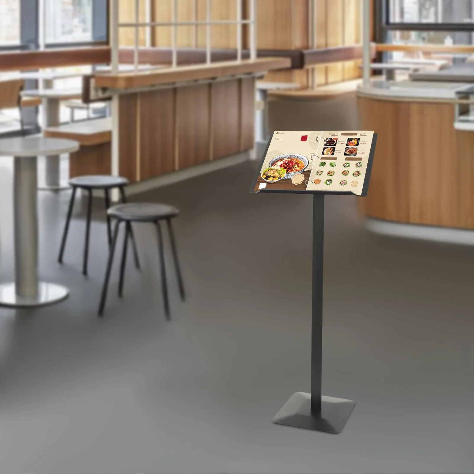 

Black Metal Lecture Table High Stability Podium Speech Shelf With Adjustable Angle Panel Used in Lecture Halls & Restaurants