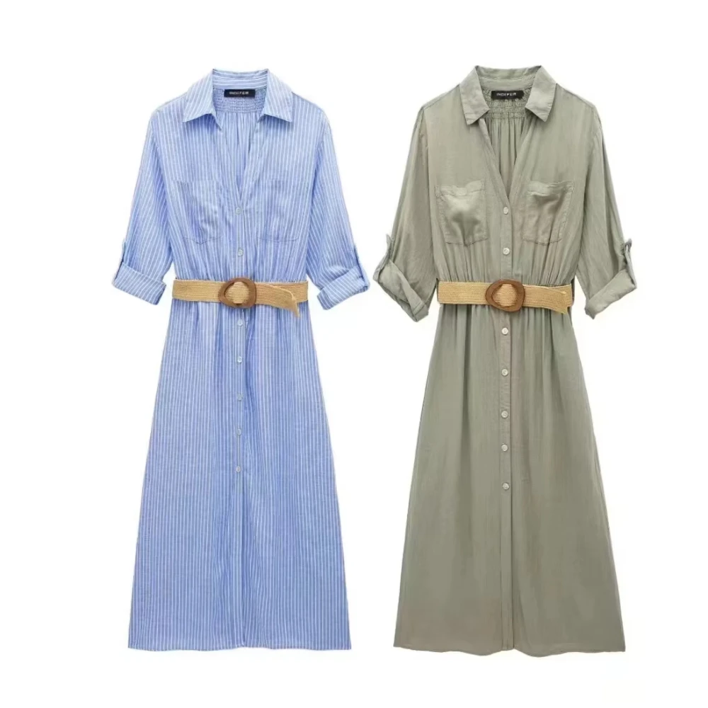 

Women's Shirt Dress with Belt and Linen Blend Half Sleeve Striped Pocket Single Breasted Long Dresses for Office Lady