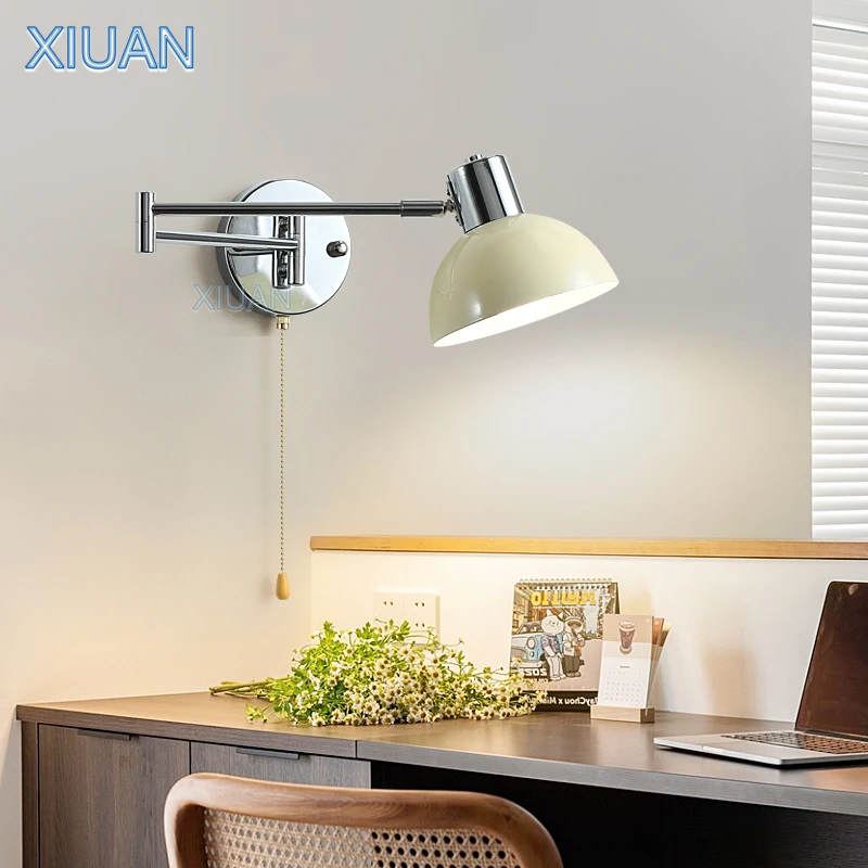 

Modern Minimalist Chrome Wall Lamp Swing Arm Bedside Wall Light for Reading LED E27 Metal Pleated Fabric Sconces Zipper Switch