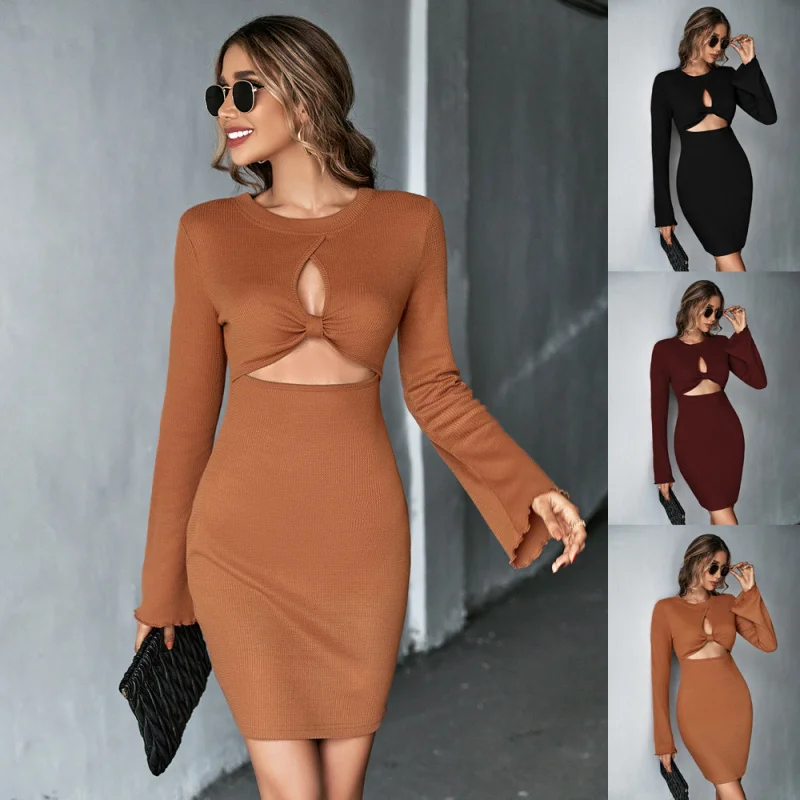 

YQ1-Women's New Hollow Out Sexy Short Dress Waffle Flared Sleeve Bodycon Long Sleeve Dress