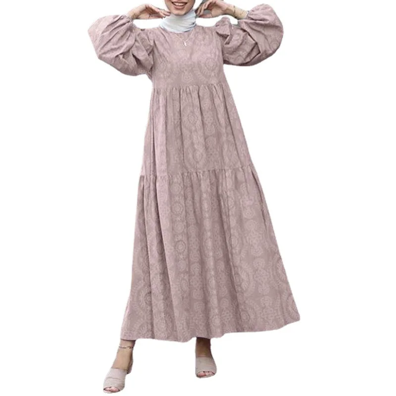 Plus Size Casual Abaya musulmano Donna Manica a sbuffo Abaya Abito musulmano Volant allentato Abito lungo da donna musulmana Trasporto di goccia