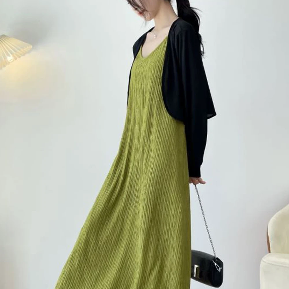 

Concave Convex Texture Wrinkles Strap Dress Women Retro Elastic Knit Evening Dresses Sleeveless A-Line Straight Holiday Dress