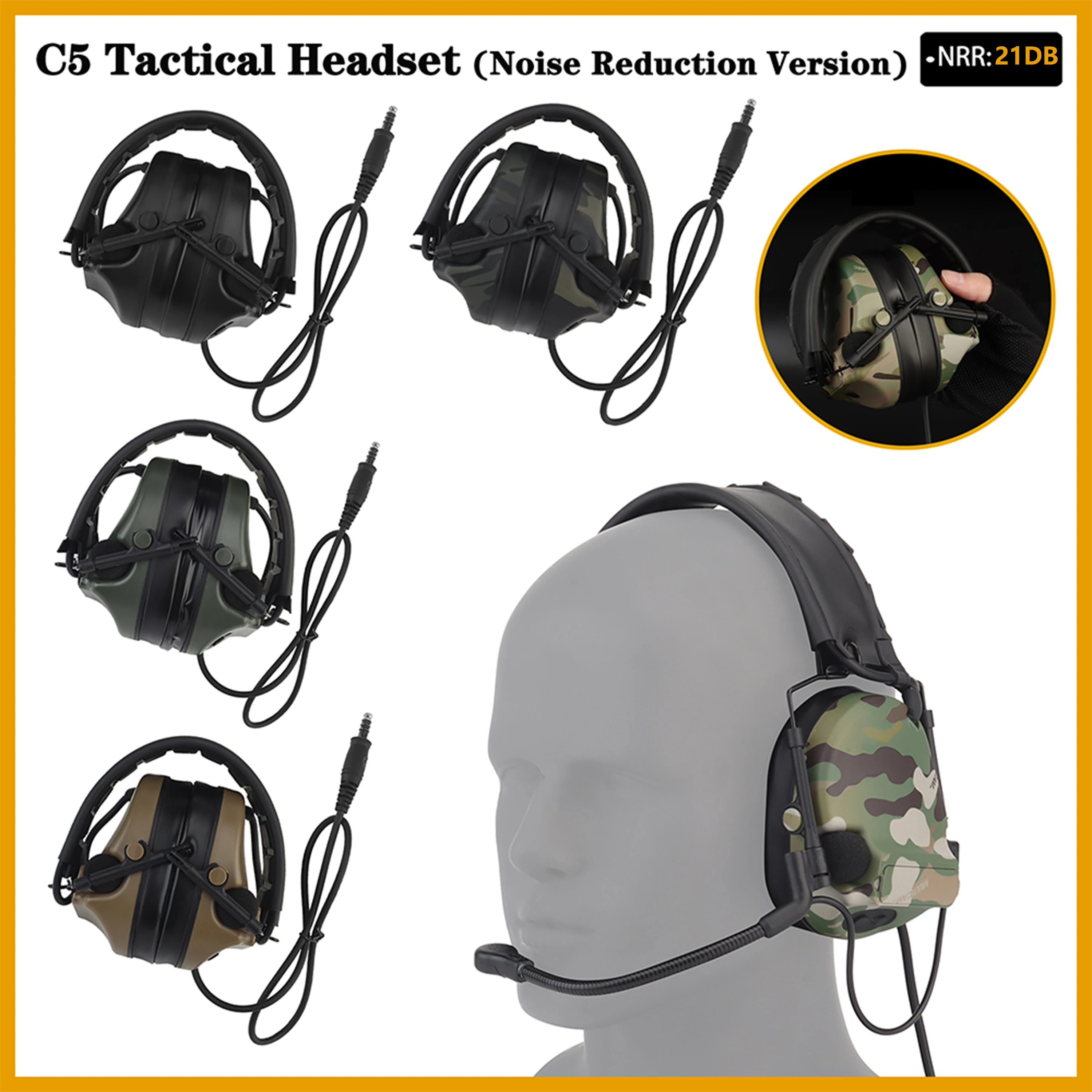 

C5 Electronic Noise Canceling Tactical Communication Silicone Headset Hearing Protection Noise-proof Hunting Shooting Earmuffs