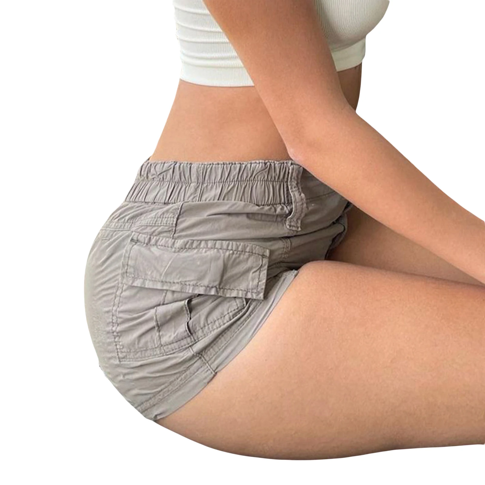 여성 카고 반바지 솔리드 컬러 빈티지 탄성 캐주얼 여름 낮은 허리 반바지 나이트 클럽 스트리트웨어용 포켓 포함