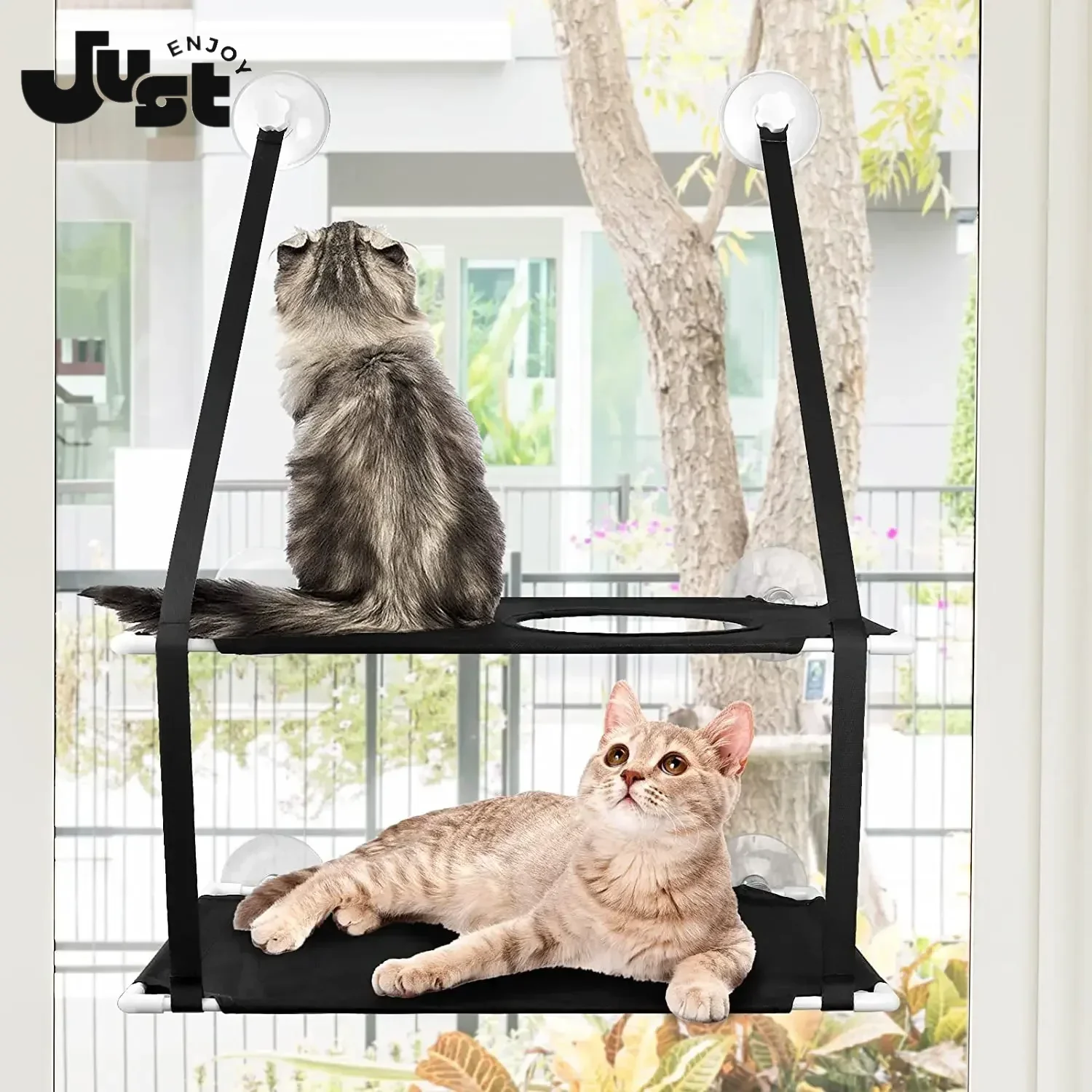 

KLYM-Cat Window Perch, Stable Hammock for Cats, Holds Up to 55 lbs, 360° Sunbathing, Easy Assembly, 2 Screw Suction Cups