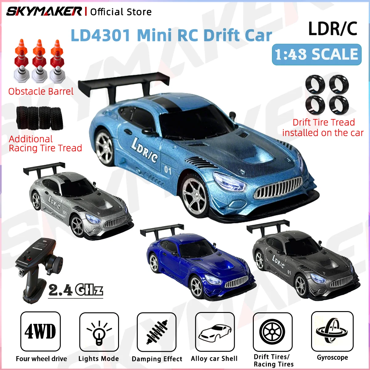 LDRC LD4301 1:43 Scale Mini RC Car 4WD 2.4G Remote Control with Gyroscope Drift Racing LED Lights RTR Children Toys Boys Gifts