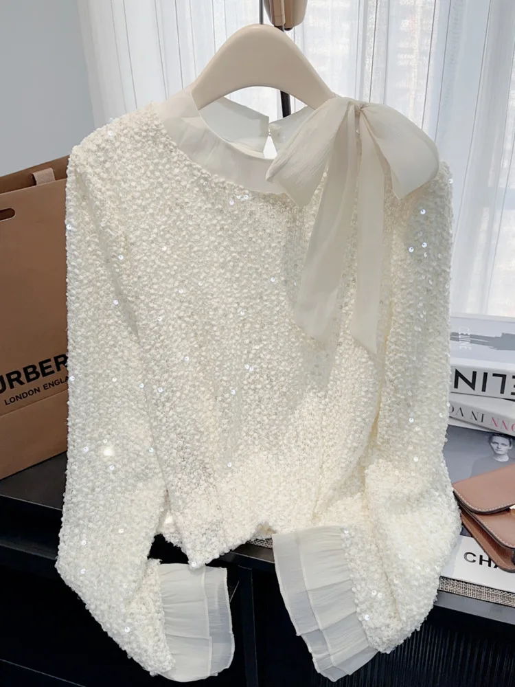 

2025 Chic Style Sequin Design Butterfly Designer Long Sleeve Shirt Spring Autumn New Loose Slimming Fashion Tops Kawaii Clothes