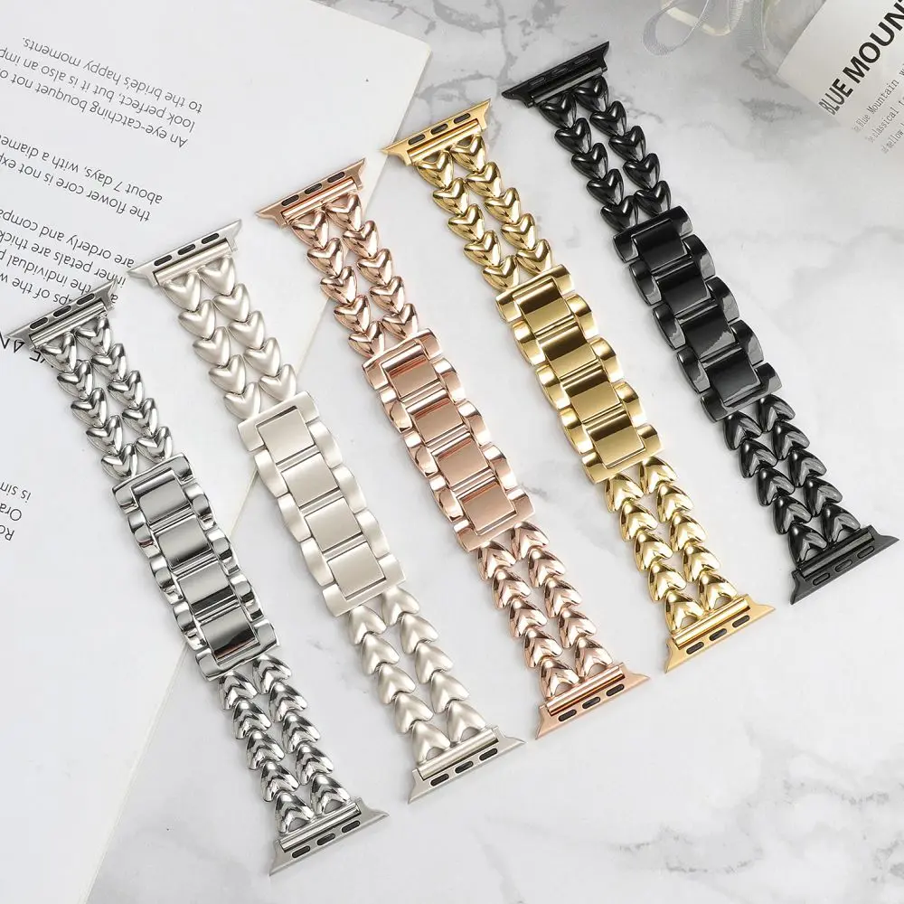 

Ремешок для Apple Watch с двойным сердечком, металлический браслет для iWatch Series 11, 10, Ultra, 9, размеры 46, 40, 44, 38, 45, 41, 49, 42 мм