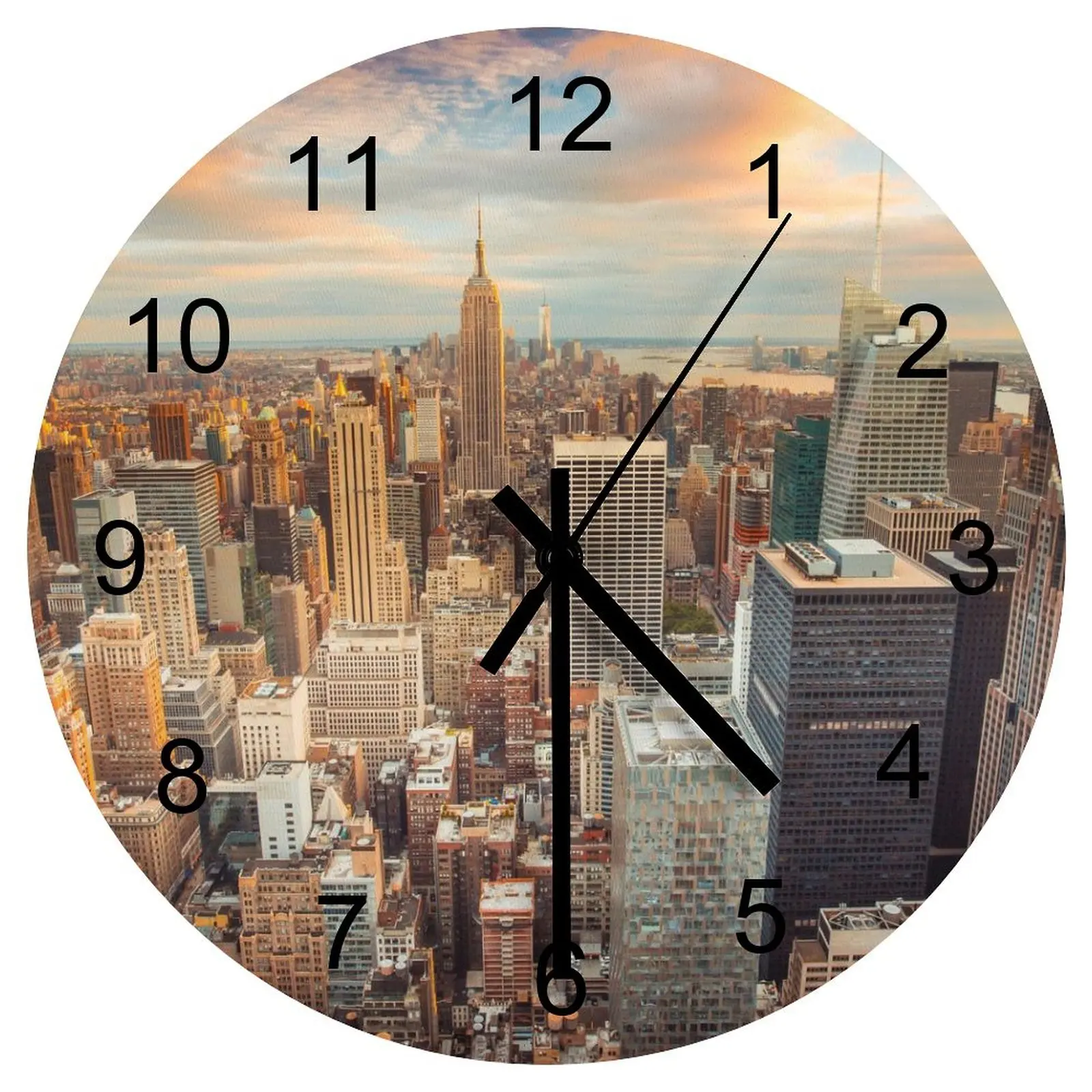 

Indoor Wall Clock American city Clocks 12 inch Mute Wood Round Artistic Slim Profile Novelty