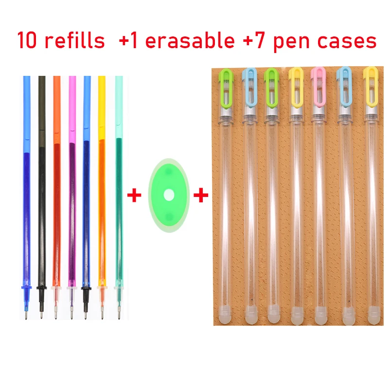 10 Refills + 1 Erasable + 7 Refills, Erasable Washable Pen / Refill Kit Pen Barrel 0.5 Mm 7 Colors for School and Office Sets