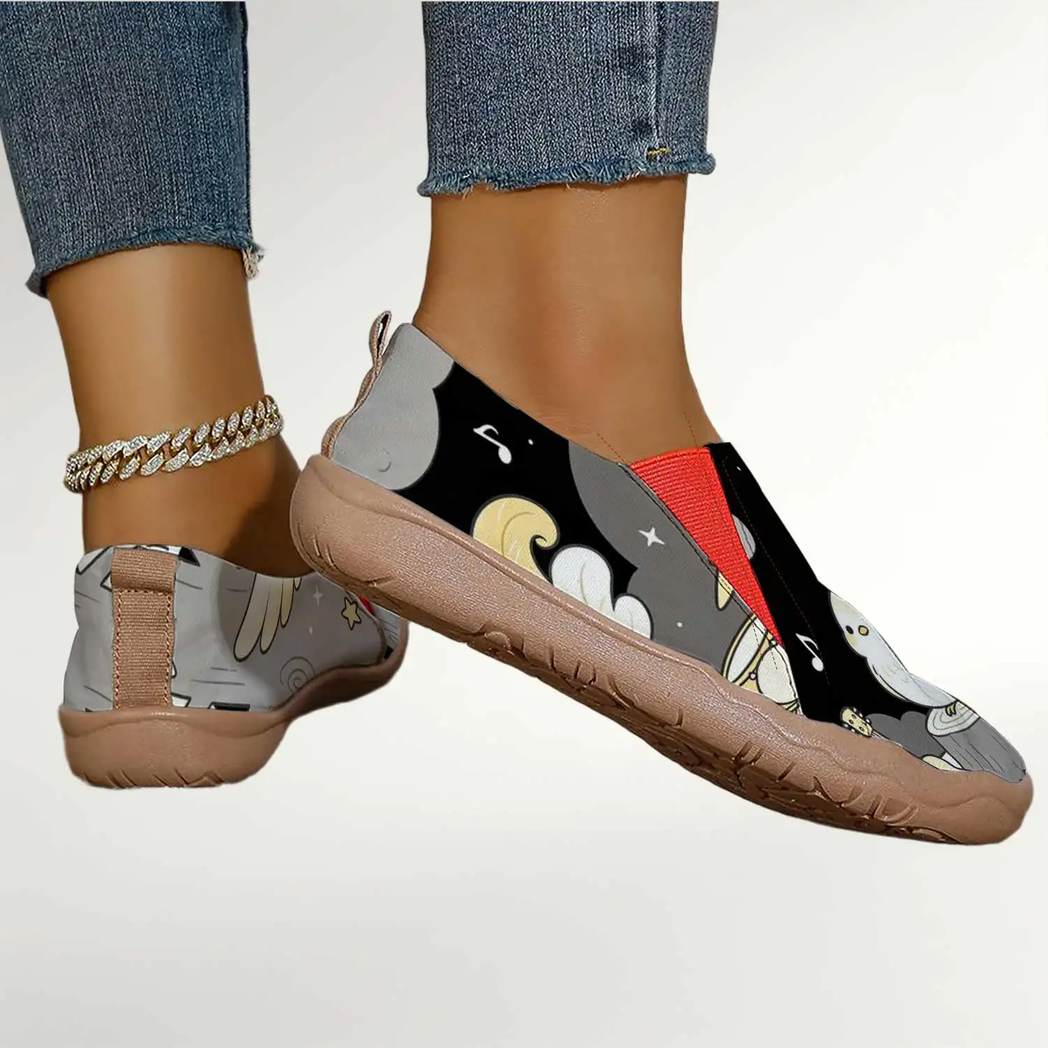Women's Cute White Bird-Print Slip-On Shoes, Wide-Toe Comfortable Walking Shoes, Lightweight Breathable Canvas Loafers, College-Style Daily Casual Shoes for Wide-Footed Women - view 5