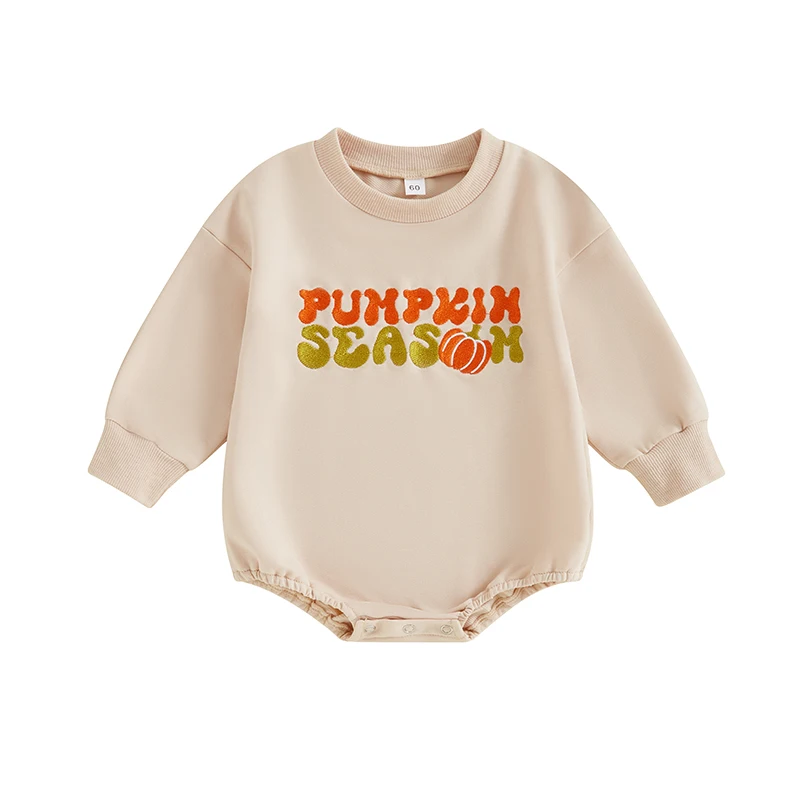 

Baby Boy Girl Halloween Outfit Pumpkin Season Embroidery Sweatshirt Romper Long Sleeve Bubble Romper Bodysuit