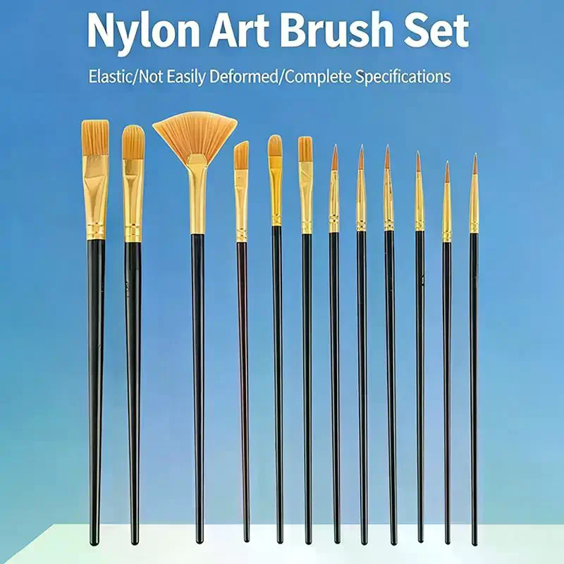 12pcs Nylon Bristle Brush Set, Nylon Flat Brushes Watercolor Brushes Oil Paint Brushes For Artists Amateur Acrylic Painting