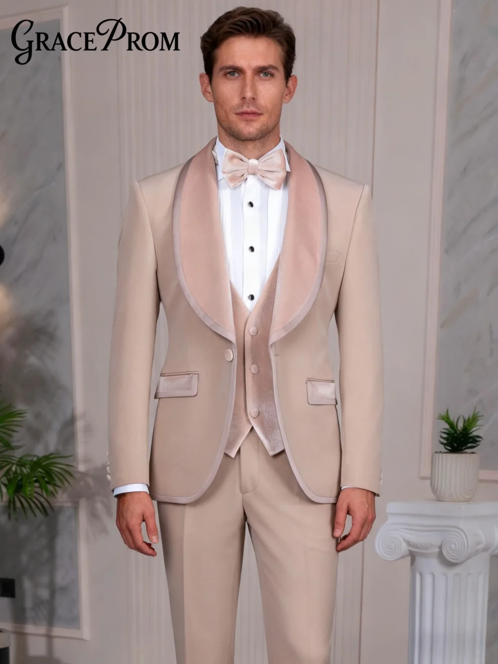 

Стильный мужской костюм из 3 предметов, куртка, жилет, брюки, бежевый мужской костюм с шалью и лацканами, изысканный приталенный смокинг для жениха, костюм для ужина, прием