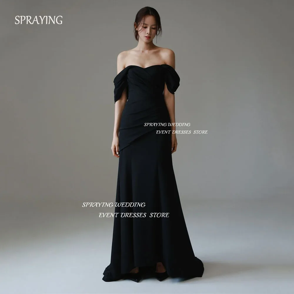 SPRAYING Elegant Off Shoulder Mermaid Long Evening Dresses Korea Wedding Photoshoot Sleeves Pleats Formal Party Dress With Veil