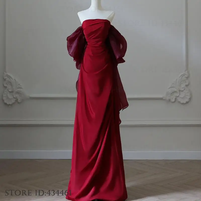 

Fashion Women's Dresses Elegant Burgundy Mesn Big Bow Bride Wedding Dress Sexy Off Shoulder Slim Evening Party Dress Vestidos