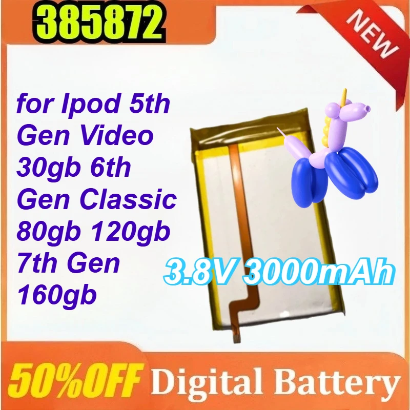 

New 385872 3.8V 3000mAh for Ipod 5th Gen Video 30gb 6th Gen Classic 80gb 120gb 7th Gen 160gb Replacement SSD HD Battery