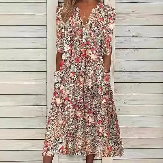 Vestido floral com gola em v feminino, vestido casual praia, streetwear de férias, meia manga, bolso, outono, primavera