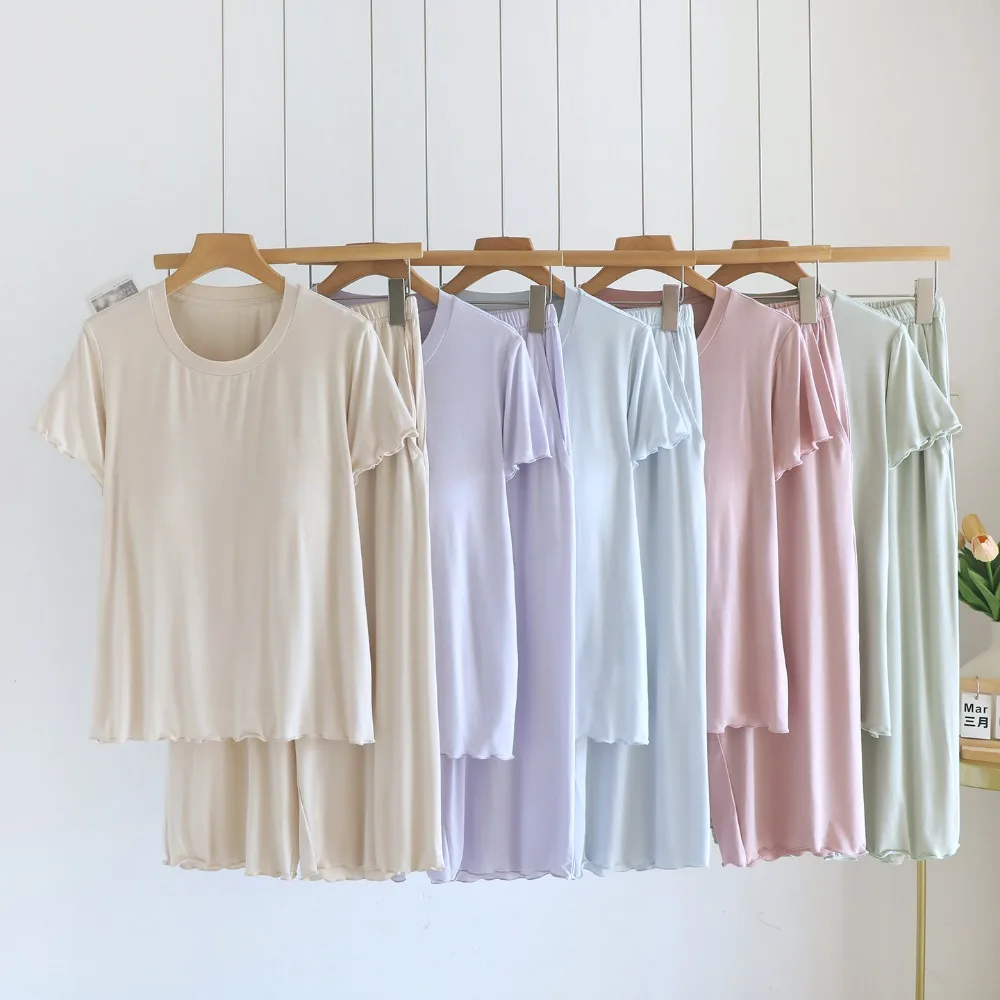 Modal Women's Pajamas Thin Chest Pads Short Sleeve Sleepwear Home Wear Summer Suit Pyjama Set Woman Nightie Loungewear Sets