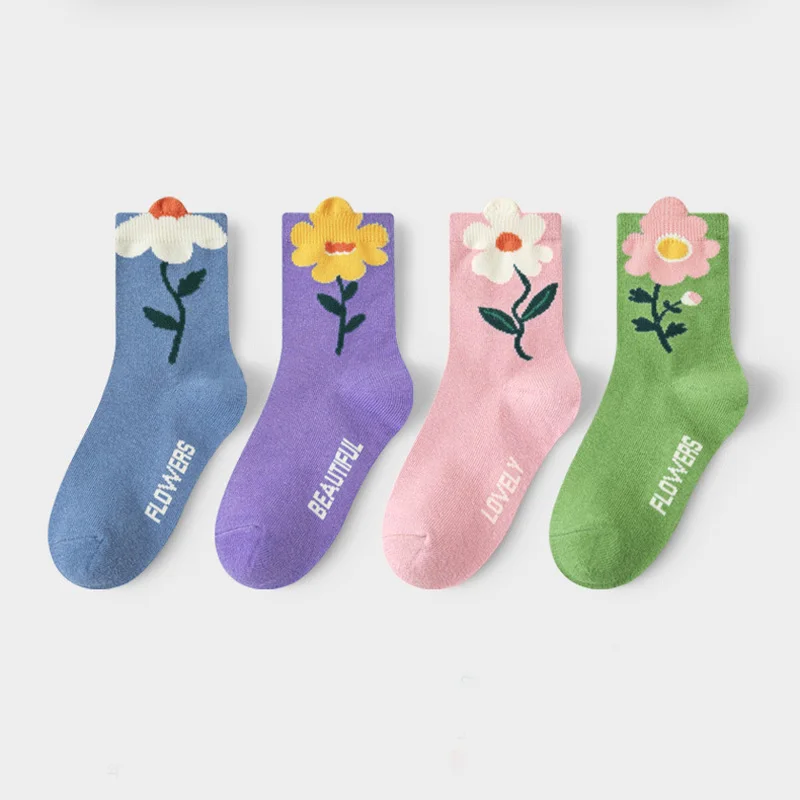 4 Pairs Girls Socks Cute Flower Candy Color Pattern Comfortable Breathable Kids Socks