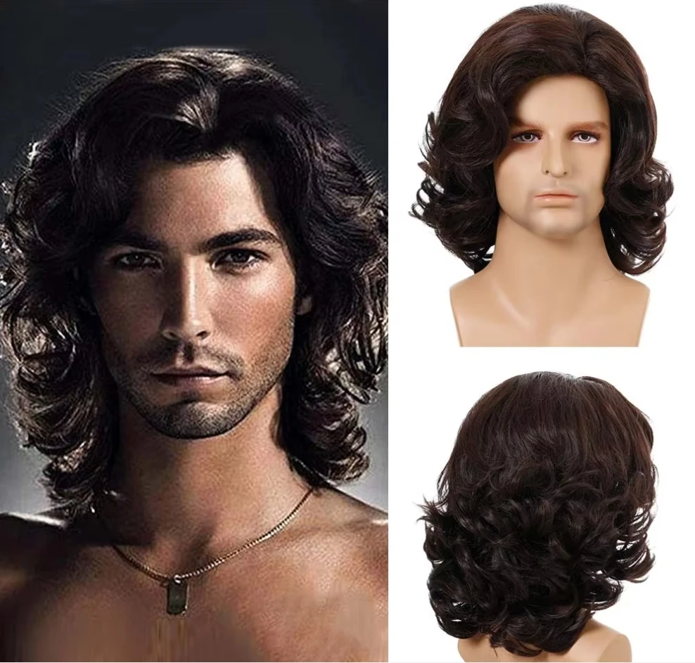 

Long Curly Synthetic Wigs Dark Brown Wig for Men Cosplay Wigs For Male Wave Hair Fluffy Daily Wear Wig