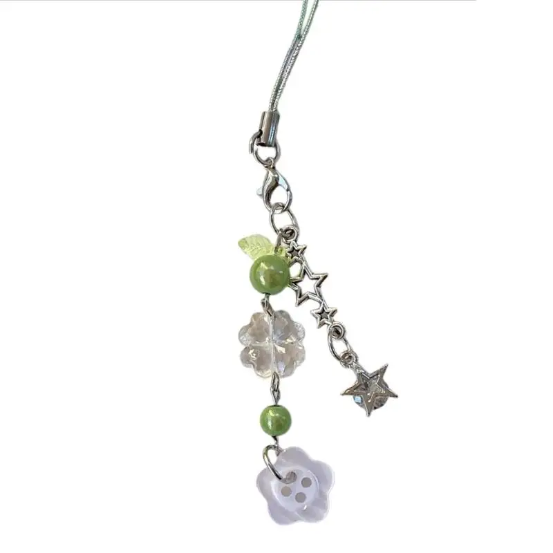 A52E User Friendly Four Leaf Grass Keychain Phone Lanyard Pearls Bead Design Versatile Bag Phone Chain Jewelry Gift