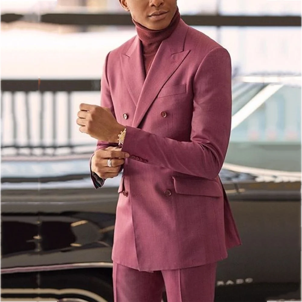 

Модный розовый мужской костюм с остроконечными лацканами, обычный однотонный однотонный мужской наряд высокого качества, куртка, брюки, деловой ужин, мужской комплект для выпускного вечера