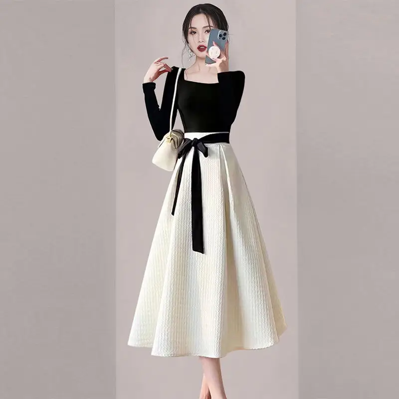 

French Contrasting Dress New Commuter Light Luxury Niche High-end Elegant and Slimming Big Swing Skirt