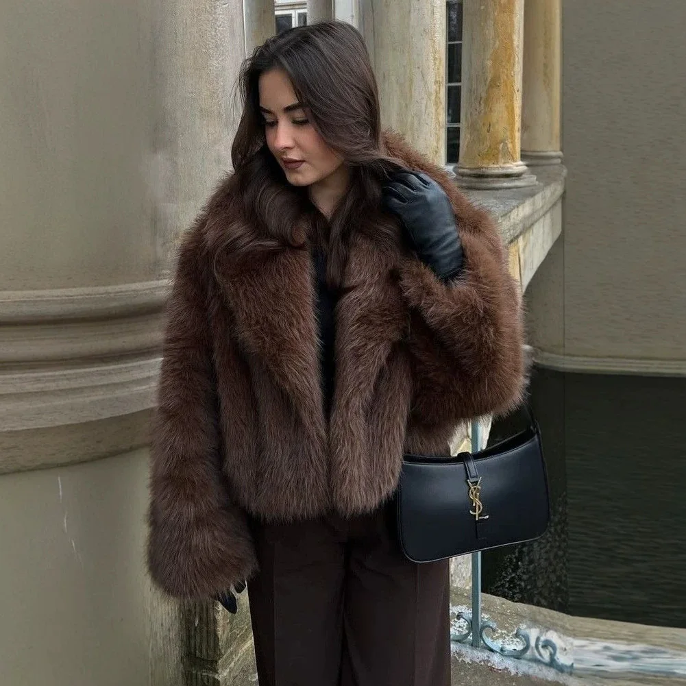 Winter 2025 Trendy Brown Obsession Cropped Shawl Collar Faux Fur Coat Women Jacket Chic Girls Brand Fox Fur Outerwear