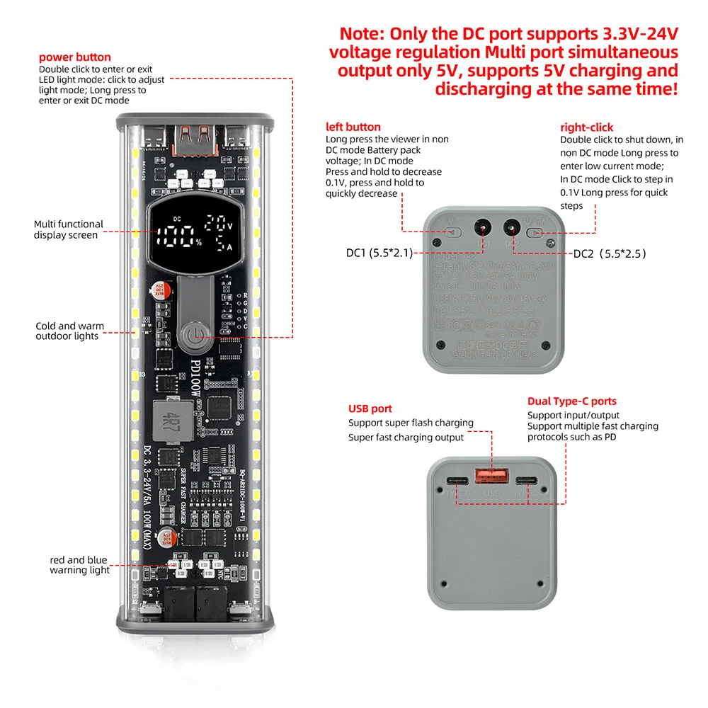 100W PD3.1 Transparentes DIY Powerbank-Kit, 8-Zellen 21700, lötfreier Batteriehalter, DC-Spannung einstellbar, Schnellladebox – Detail 5