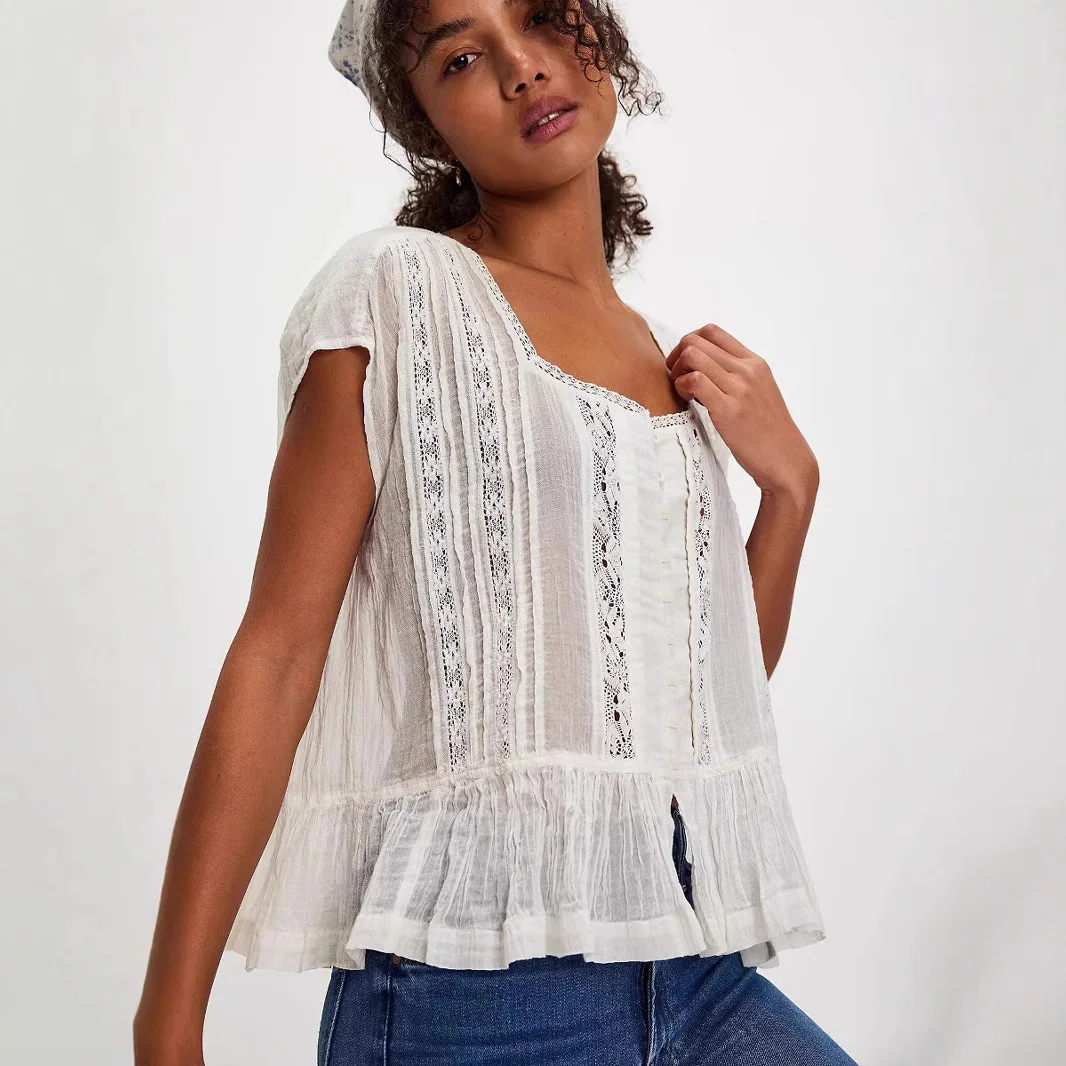 

BKLD 2026 Sweet And Fresh Square Collar Early Summer New Lace Splicing Lightweight Comfortable Loose Tops Clothes For Women