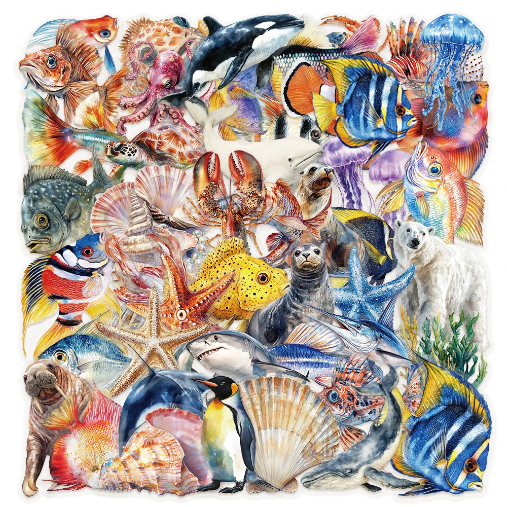 

10/30/50pcs Transparent Realistic Marine Animals Stickers Cool Sea Fish Decal Toy DIY Stationery Guitar Helmet PET Sticker Decor
