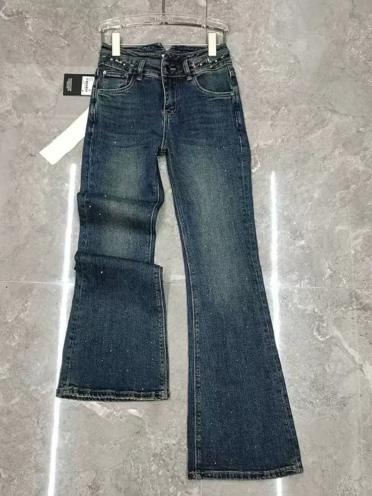 Ele Hohe Taille Denim Jeans Frühling Neue Sle Strass Abnehmen Ausgestelltes Hosen Tiefe Farbe Elastische Lange Hosen für Frauen