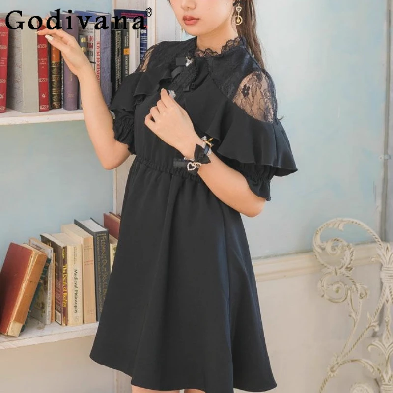 فستان نسائي بياقة الدمية على الطراز الياباني فستان Rojita Princess أسود حلو فستان نسائي صيفي قصير الأكمام بقصة ضيقة مكشكش #1