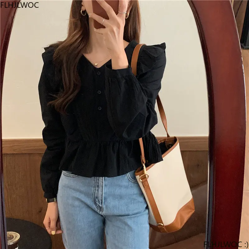 Korean Chic Fashion Clothes Autumn Womens Long Sleeve Cute Sweet Tops Girls Solid Ruffles Peplum Baby Shirt Tops Short Blusas