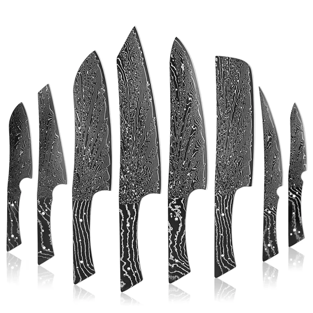 Damascus Steel Kitchen Knives 1-8PCS Blank-Full Tang Chef Knife ,Fruit Knife, Slicing Knife  Black Blade for DIY,Handmade,Sharp